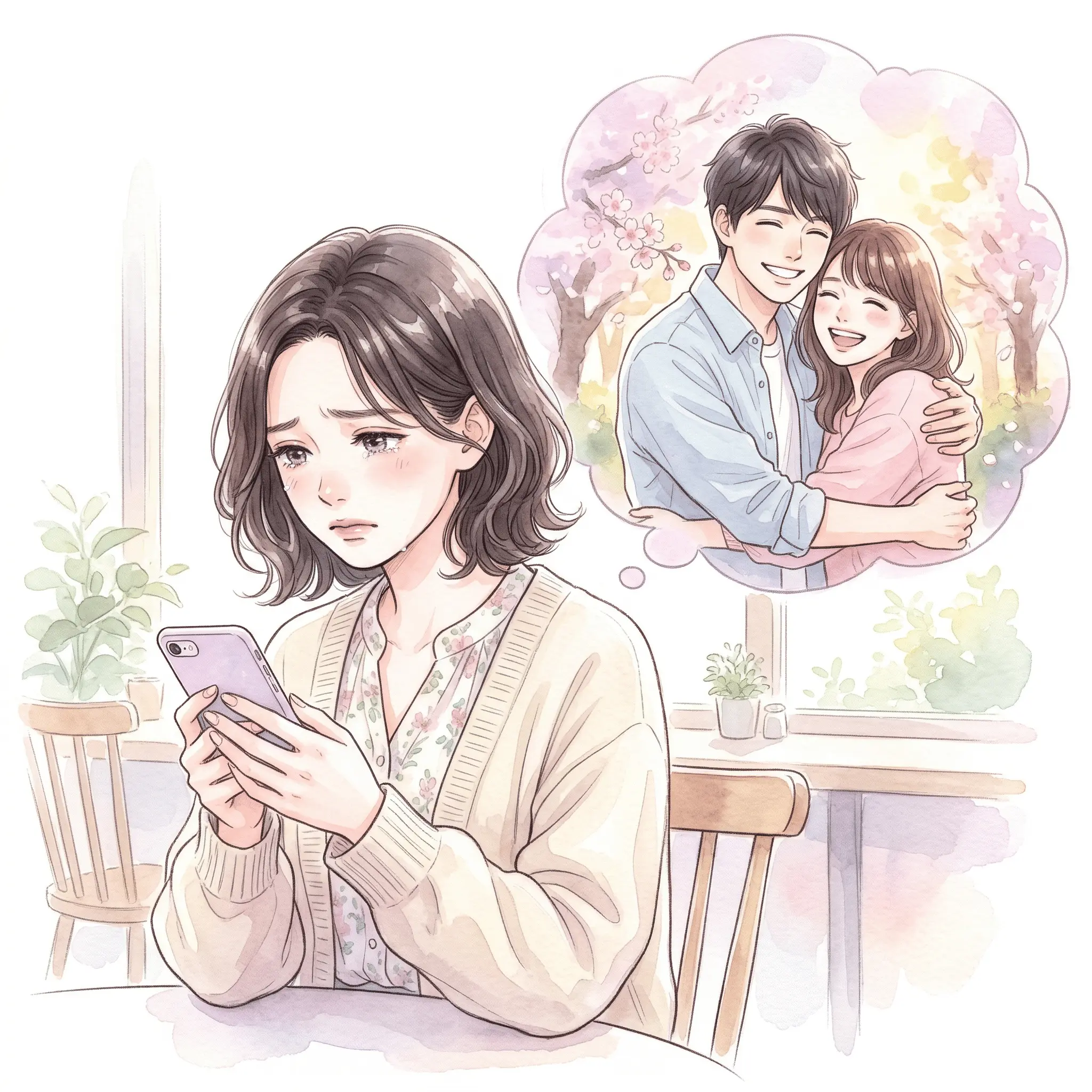 スマホを持って悩む女性とカップルのイラスト